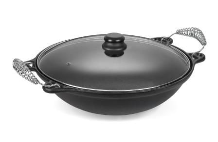 panela wok ferro fundido, panela wok, tacho de ferro, paella de ferro 6 l, tampa de vidro