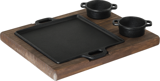 chapa de ferro fundido com suporte em madeira para porção de carne quadrada, petisco 22x22 cm mineira, molheiras