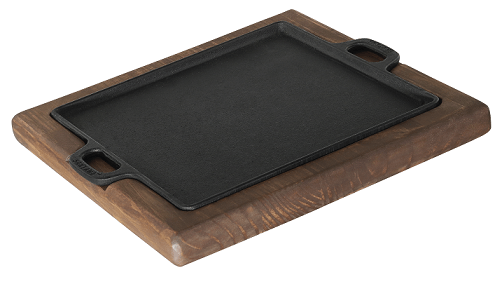 chapa de ferro fundido com suporte em madeira para porção de carne quadrada, petisco 24x24 cm santana