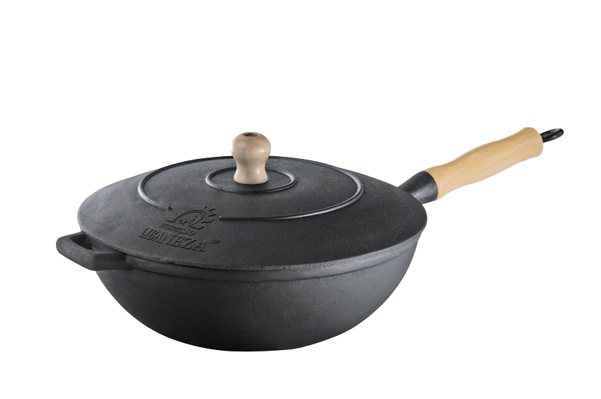 panela frigideira wok de ferro fundido, tacho chines com tampa de ferro 28 cm, frigideira conica Lib