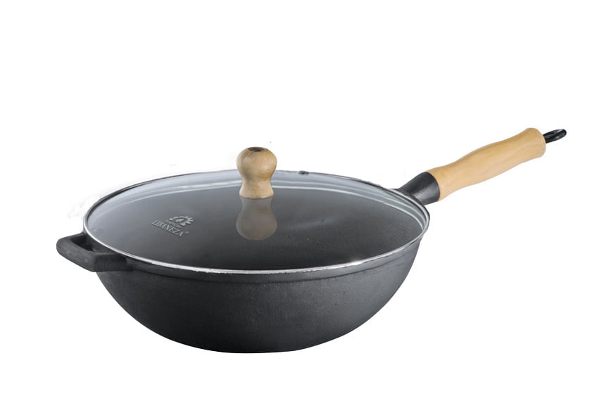 panela frigideira wok de ferro fundido, tacho chines com tampa de vidro 28 cm, frigideira conica Lib