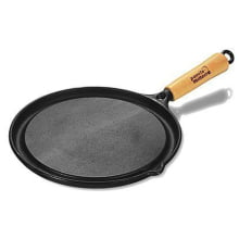 chapa bifeteira de ferro fundido com suporte em madeira para porção de carne redonda, petisco 24,5 cm panela mineira