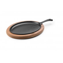 chapa de ferro fundido com suporte em madeira para porção de carne oval, petisco 25x18 cm Santana