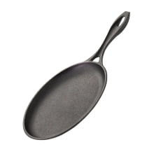 chapa de ferro fundido com suporte em madeira para porção de carne oval, petisco 25x18 cm Santana