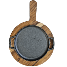 chapa de ferro fundido com suporte em madeira para porção de carne redonda, petisco 20 cm panela mineira