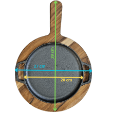 chapa de ferro fundido com suporte em madeira para porção de carne redonda, petisco 20 cm panela mineira
