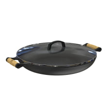 Paella Frigideira Ferro 40cm Alças De Madeira Tampa De Vidro