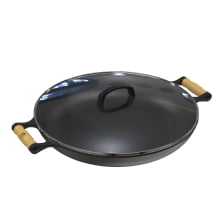 Paella Frigideira Ferro 40cm Alças De Madeira Tampa De Vidro