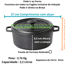 Caçarola Alça de Ferro Tampa de Ferro 2,2 litros Cocotte 20cm