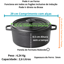 Caçarola alça de ferro tampa de ferro 2,6 litros cocotte 22cm