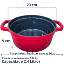 CAÇAROLA DE FERRO ESMALTADA VERMELHA 20cm 2,4 Litros LWG