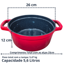 CAÇAROLA DE FERRO ESMALTADA VERMELHA 26cm 5,6 Litros LWG