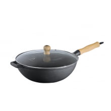 panela frigideira wok de ferro fundido, tacho chines com tampa de vidro 28 cm, frigideira conica Lib
